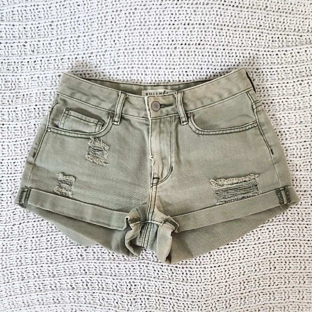 Bullhead Denim Co. Olive Green Distressed High-Rise Shorts, Size 24